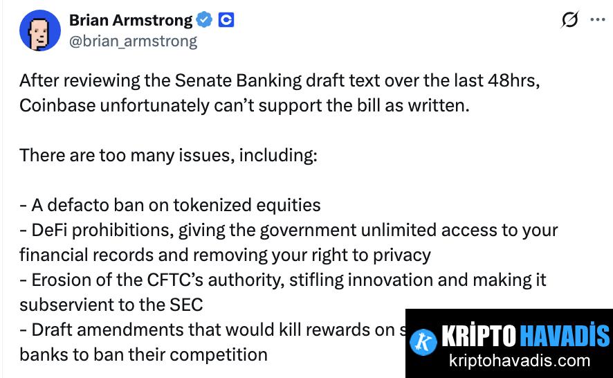 Senat Tasarısına Coinbase Tepkisi ve Kripto Piyasasında Belirsizlik